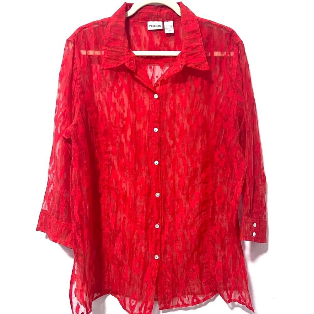 Chico's Red Boxy Button Down Shirt with Notched Collar 16/18